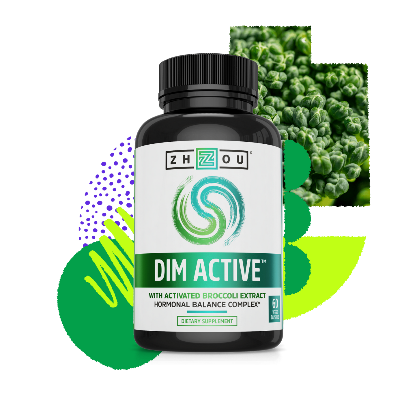 A bottle of Zhou Nutrition DIM Active with broccoli florets and green shapes in the background, promoting hormone balance.