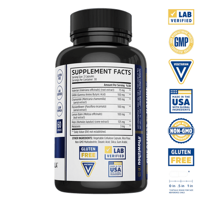 Driftoff by Zhou Nutrition: black melatonin bottle, Supplement Facts label; gluten-free, lab verified, vegetarian, non-GMO, USA.