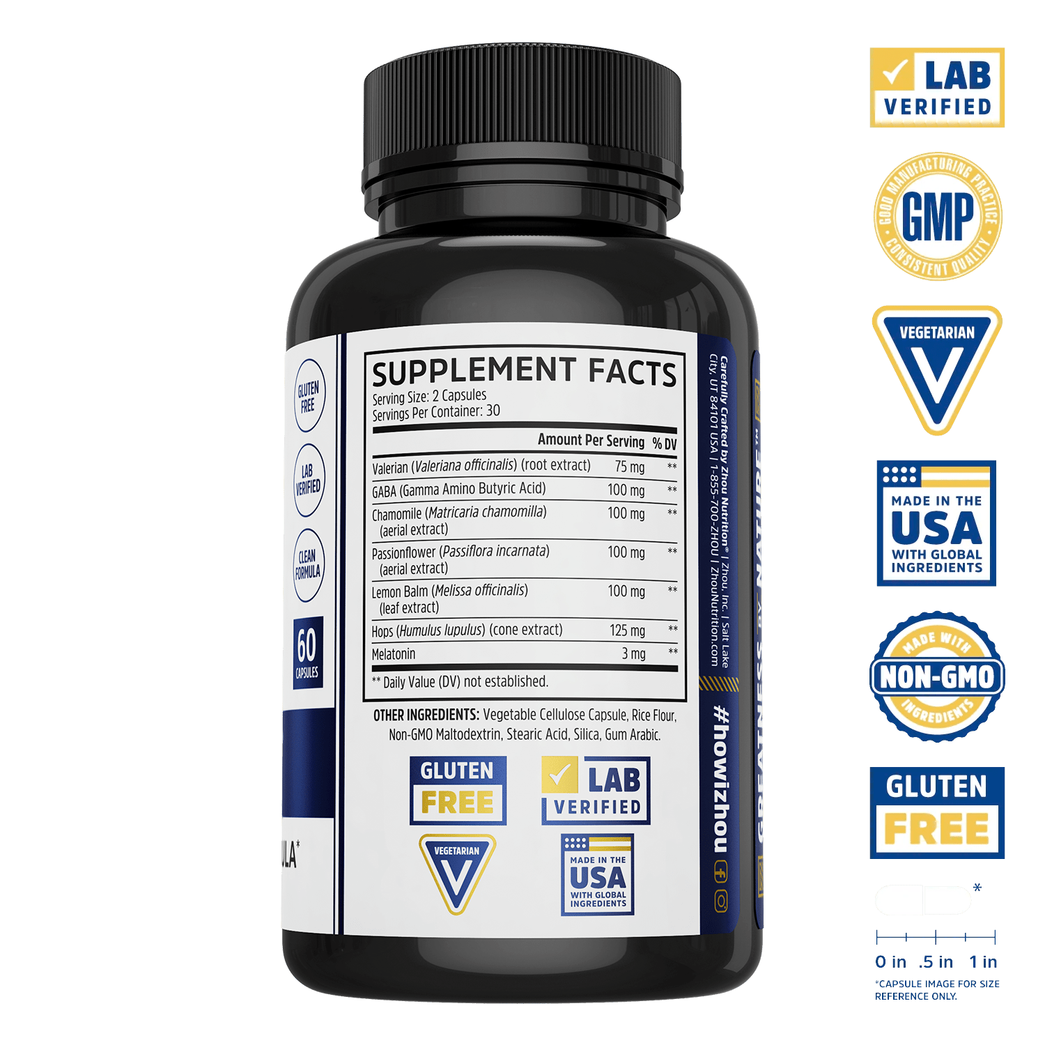 Driftoff by Zhou Nutrition: black melatonin bottle, Supplement Facts label; gluten-free, lab verified, vegetarian, non-GMO, USA.