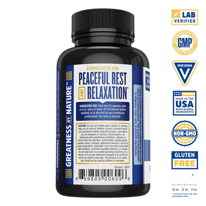 A bottle of Drifoff by Zhou Nutrition labeled “Peaceful Rest and Relaxation” with certification badges around it.