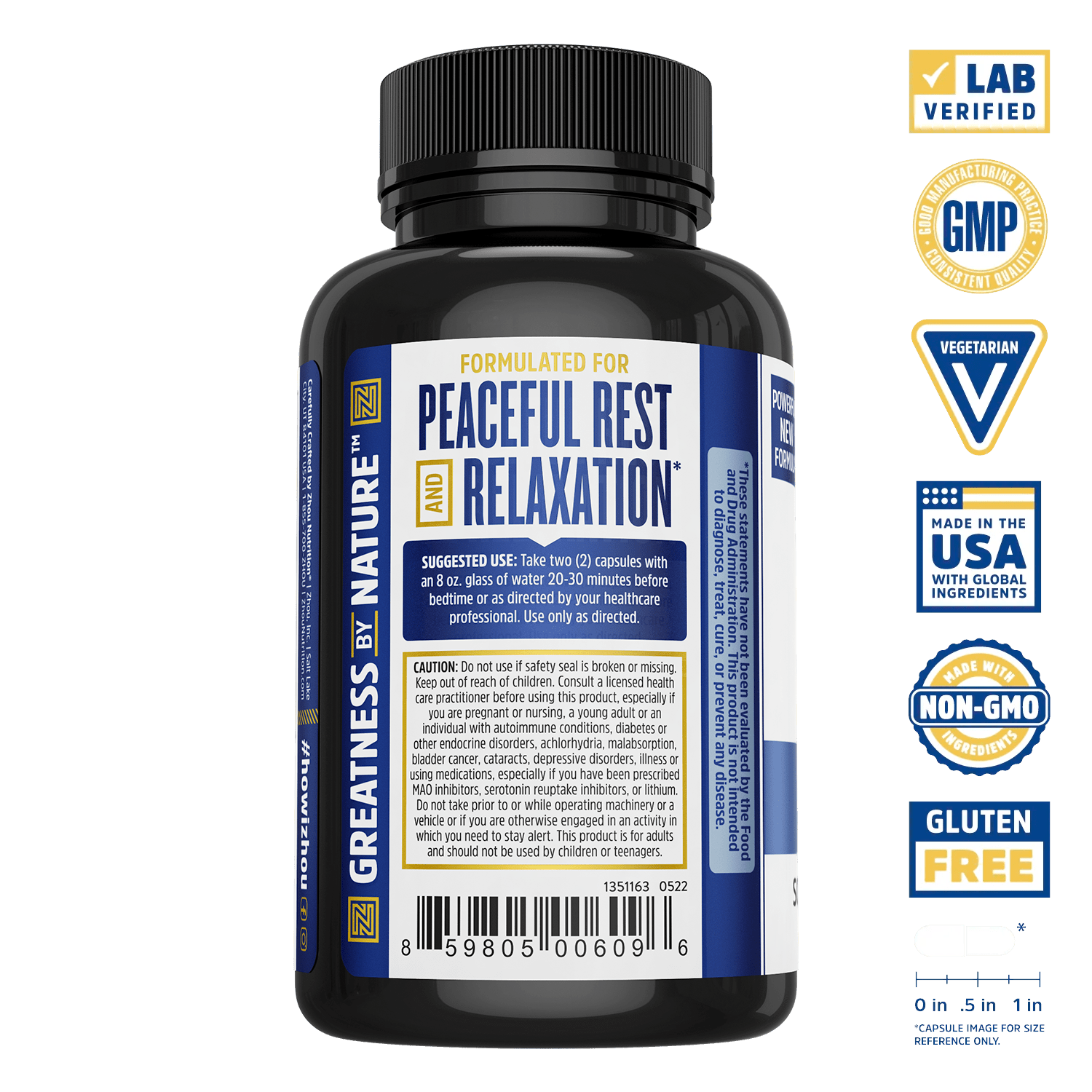 A bottle of Drifoff by Zhou Nutrition labeled “Peaceful Rest and Relaxation” with certification badges around it.