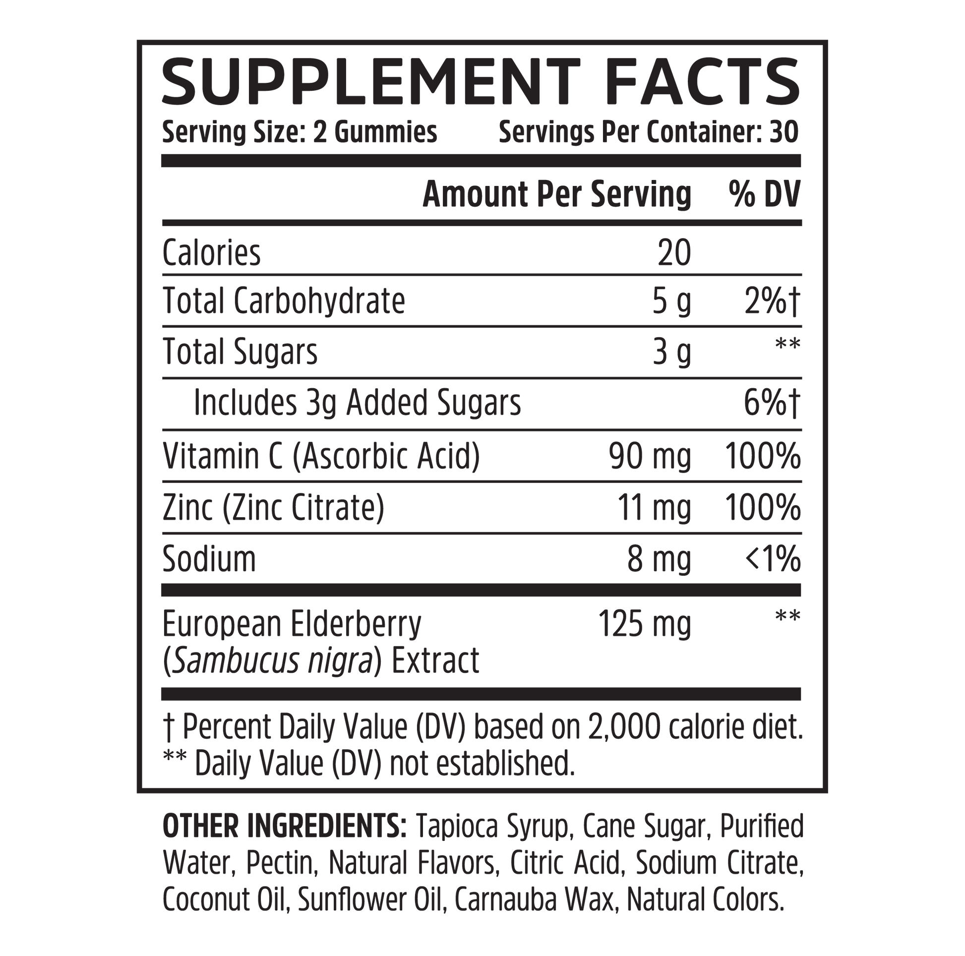 Supplement Facts for Zhou Nutrition Elder-Mune Elderberry Gummies: vitamin C, elderberry extract, nutrients & more.