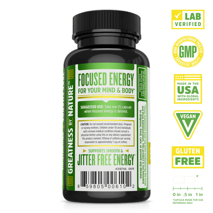 Zhou Nutrition Energy + Focus Long Lasting Energy Supplement. Bottle side. Lab verified, good manufacturing practices, made in the USA with global ingredients, vegan, gluten free.