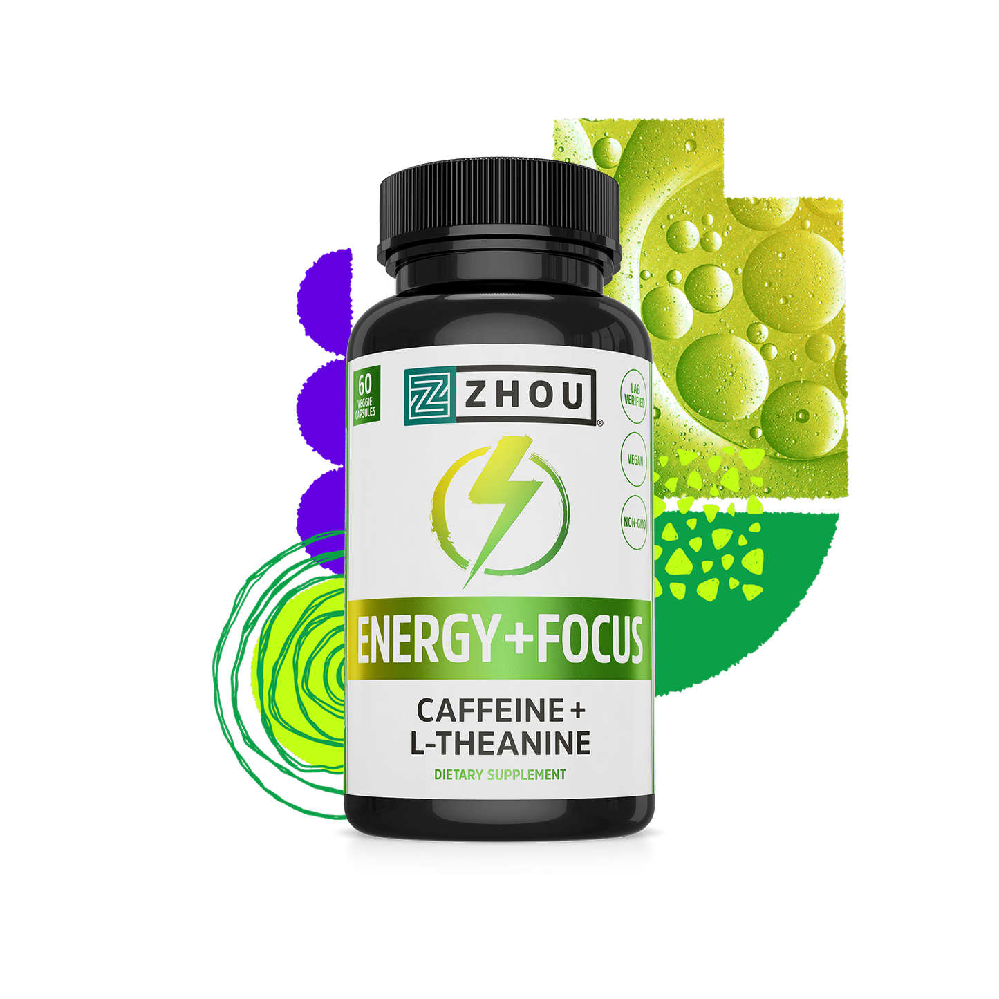 A bottle of Zhou Nutrition Energy + Focus with caffeine and L-theanine shown on abstract green and yellow graphics.