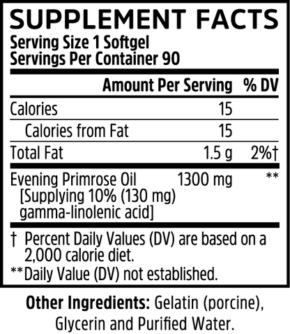 Supplement facts: Zhou Nutrition Evening Primrose—1 softgel provides 1300mg oil with gamma linolenic acid for hormonal balance.