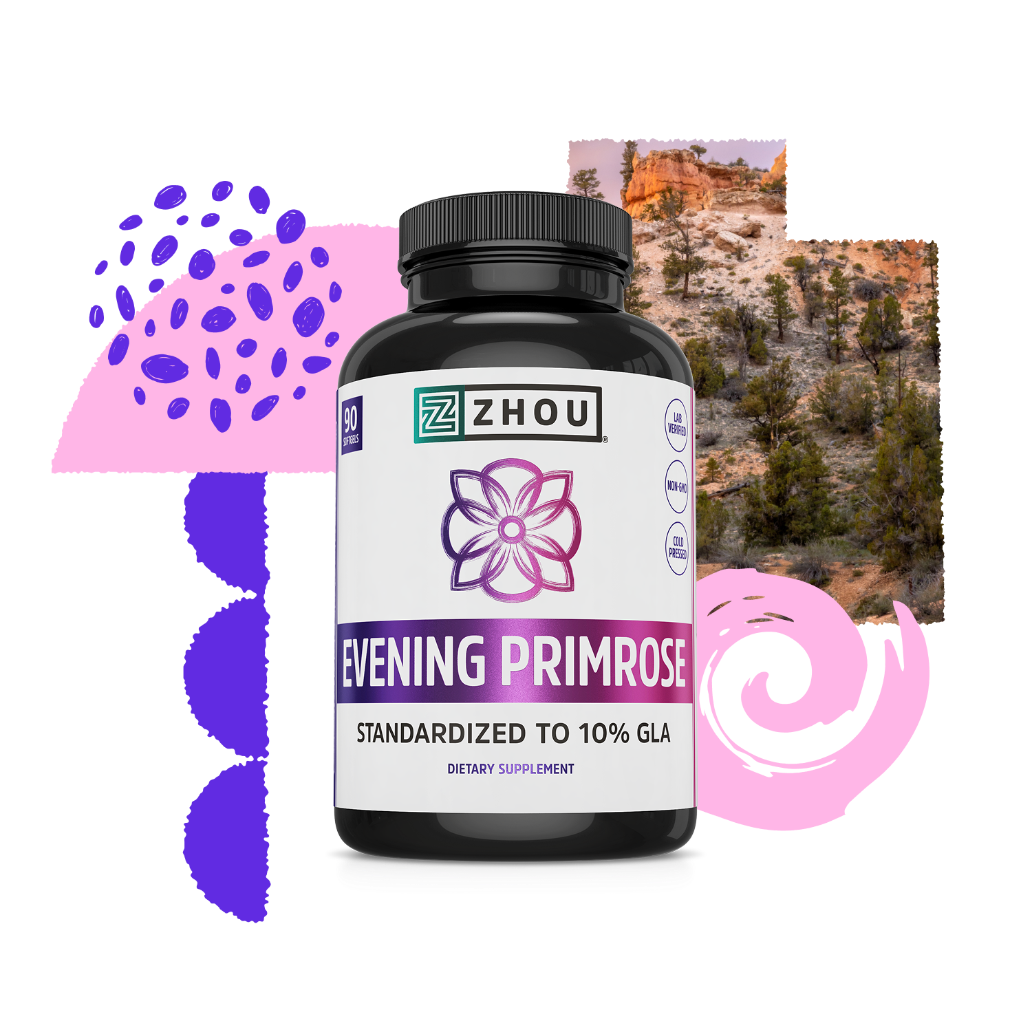 A bottle of Zhou Nutrition Evening Primrose, rich in gamma linolenic acid, with abstract shapes and a desert backdrop.