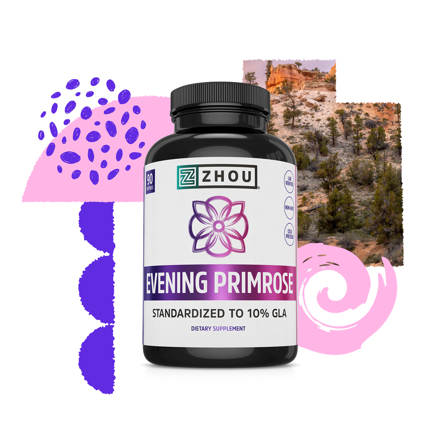 A bottle of Zhou Nutrition Evening Primrose, rich in gamma linolenic acid, with abstract shapes and a desert backdrop.