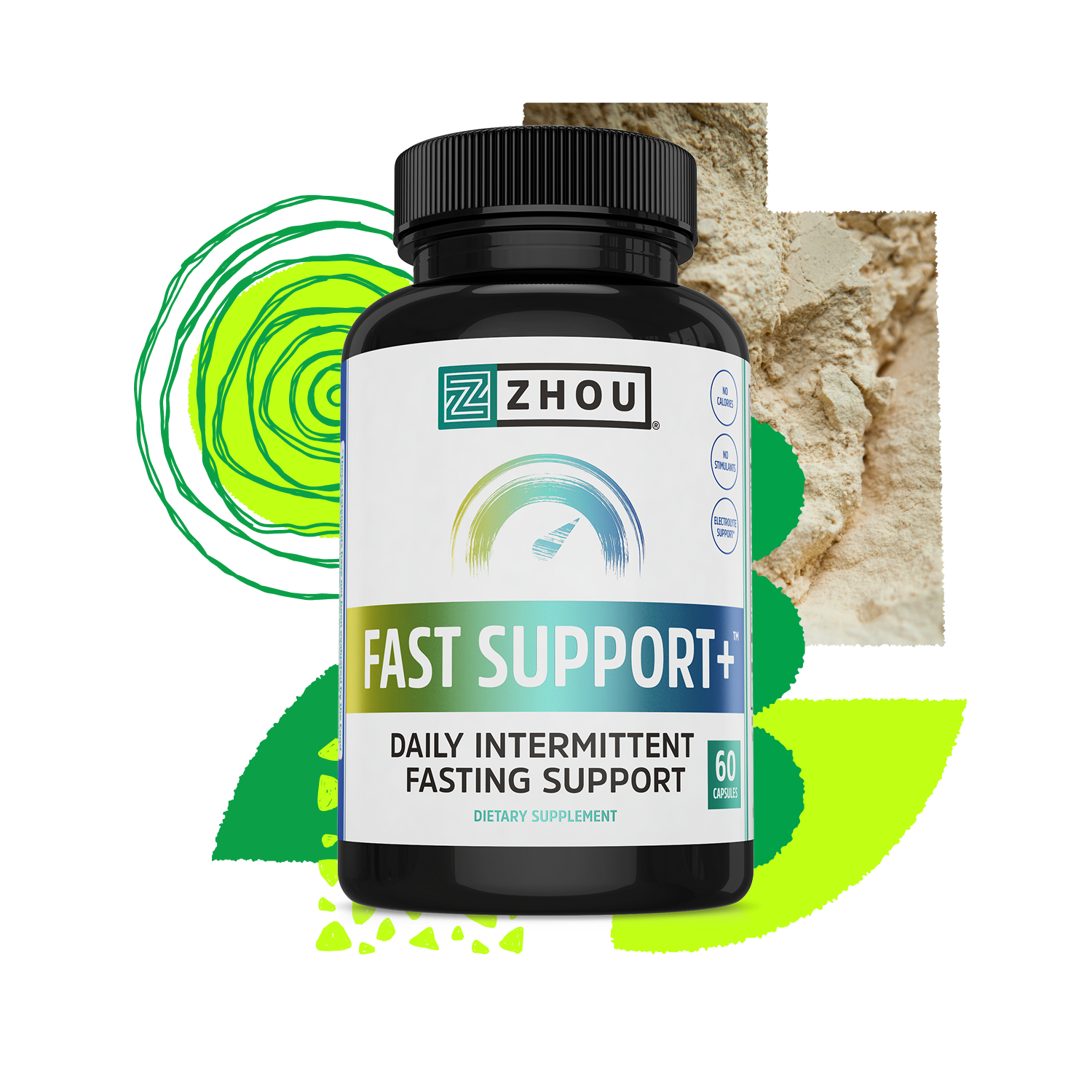 A bottle of Zhou Nutrition Fast Support+ supplement for daily intermittent fasting support, 60 capsules.
