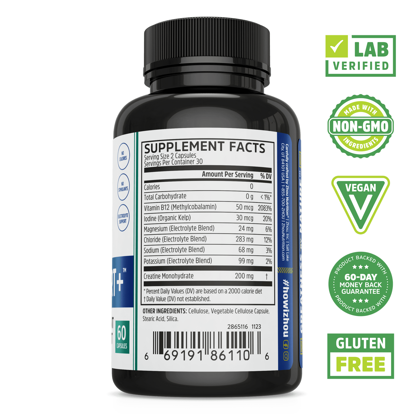 Zhou Nutrition Fast Support+ black bottle with nutrition facts; badges: fasting support, lab verified, non-GMO, vegan, gluten free.