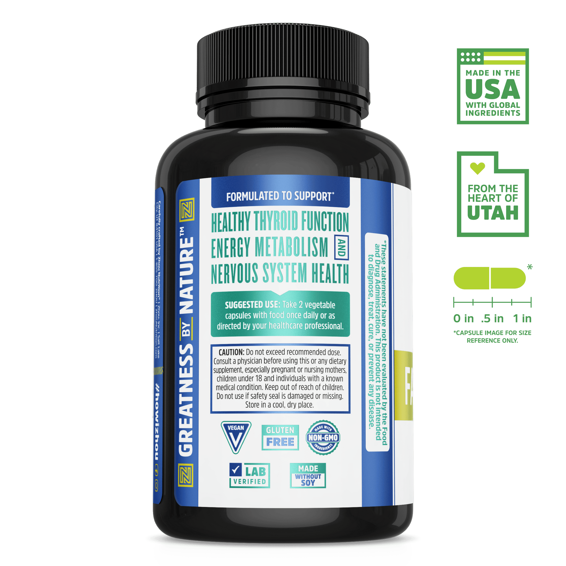 Zhou Nutrition Fast Support+ is a dietary supplement for thyroid, metabolism, and fasting support with quality icons.