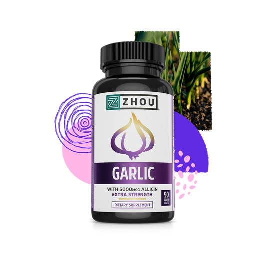 A bottle of Zhou Nutrition Garlic with Allicin, featuring abstract shapes, garlic plant, and heart health symbols.