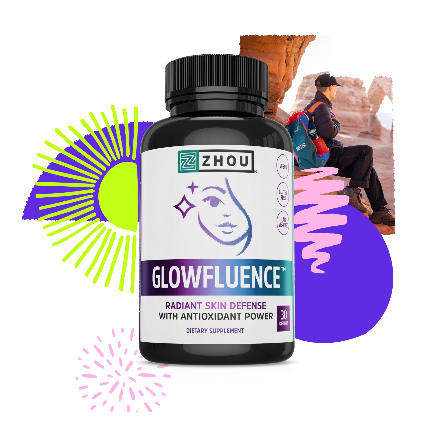 A bottle of Zhou Nutrition Glowfluence skin supplement with hyaluronic acid set before bright shapes and red rock hiker.