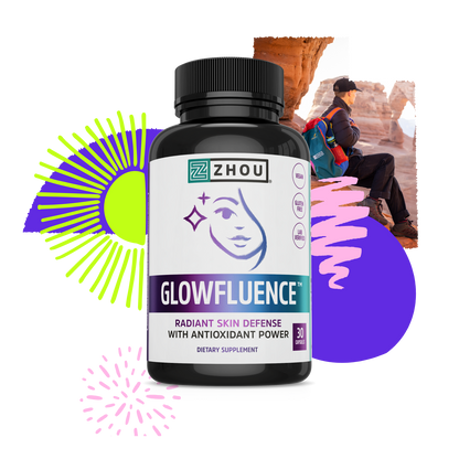 A bottle of Zhou Nutrition Glowfluence skin supplement with hyaluronic acid set before bright shapes and red rock hiker.