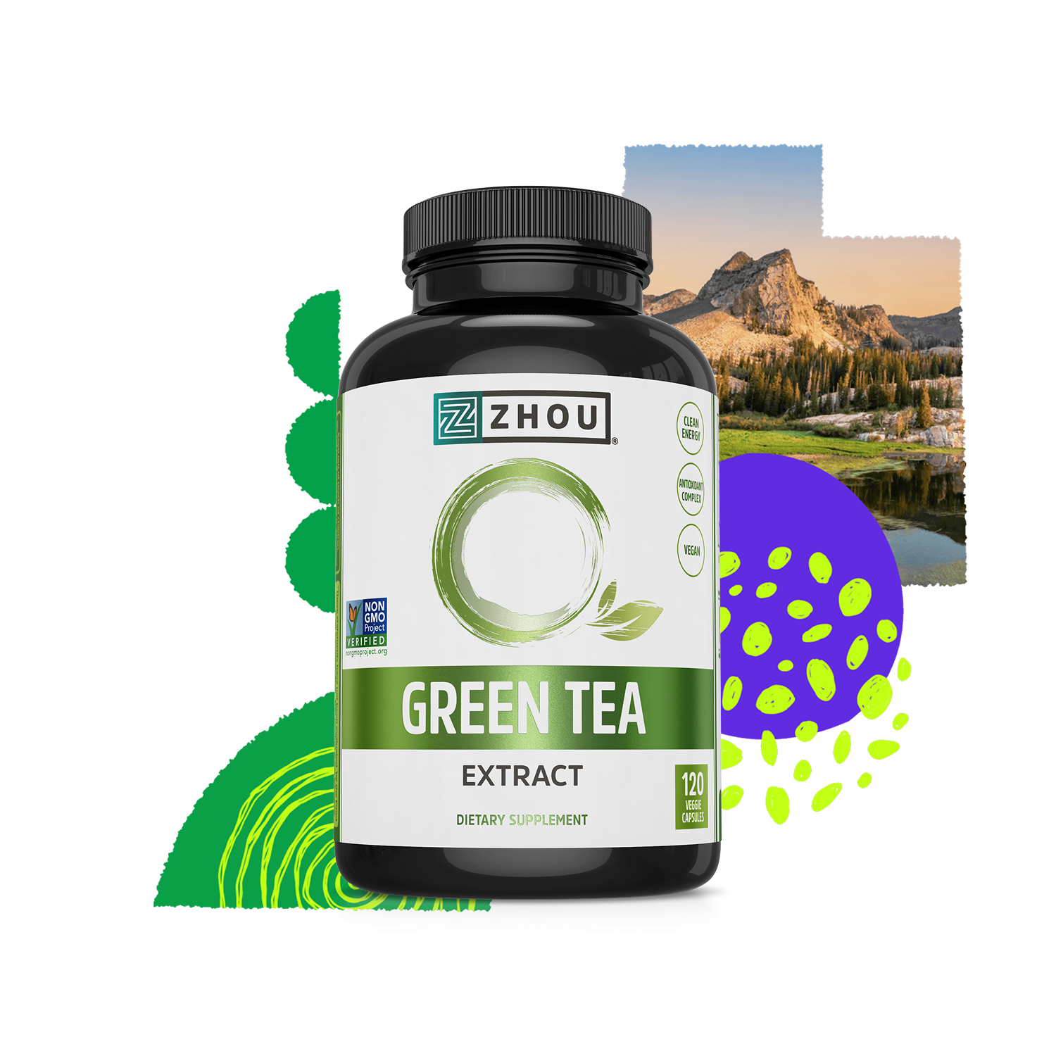 Zhou Nutrition Green Tea Extract for metabolism support, with abstract green designs and a scenic mountain backdrop.