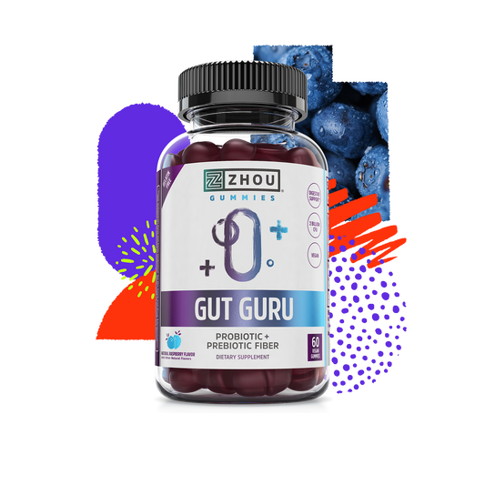Zhou Nutrition Gut Guru Gummies with blueberries support digestive health.