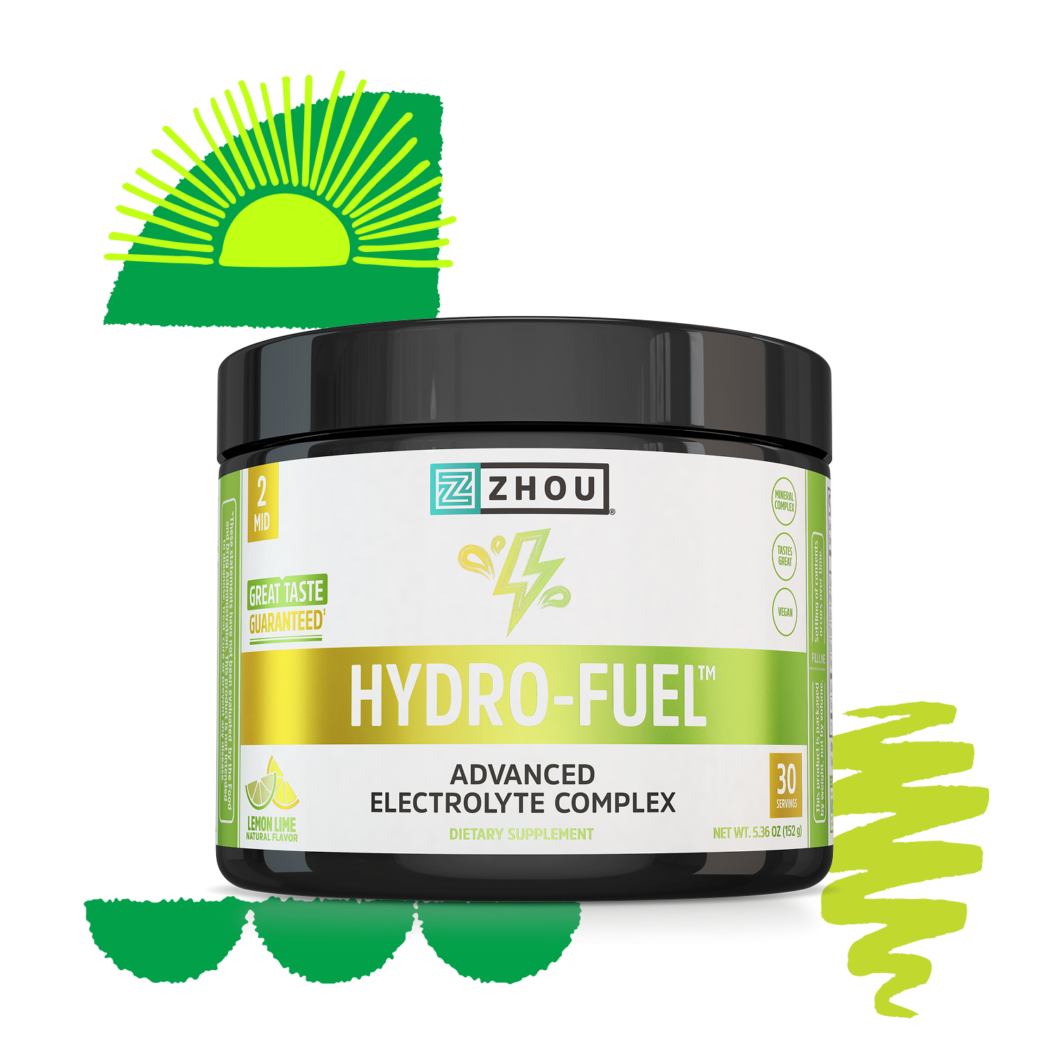 Zhou Nutrition Hydro-Fuel in lemon lime flavor with coconut water powder for electrolytes, shown on green graphics.
