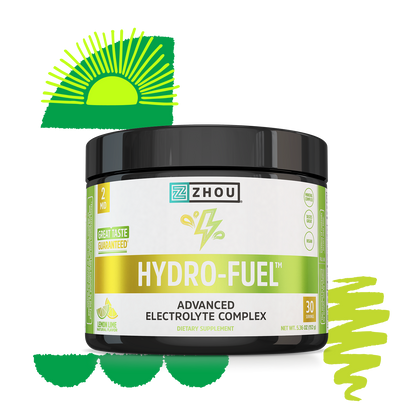 Zhou Nutrition Hydro-Fuel in lemon lime flavor with coconut water powder for electrolytes, shown on green graphics.