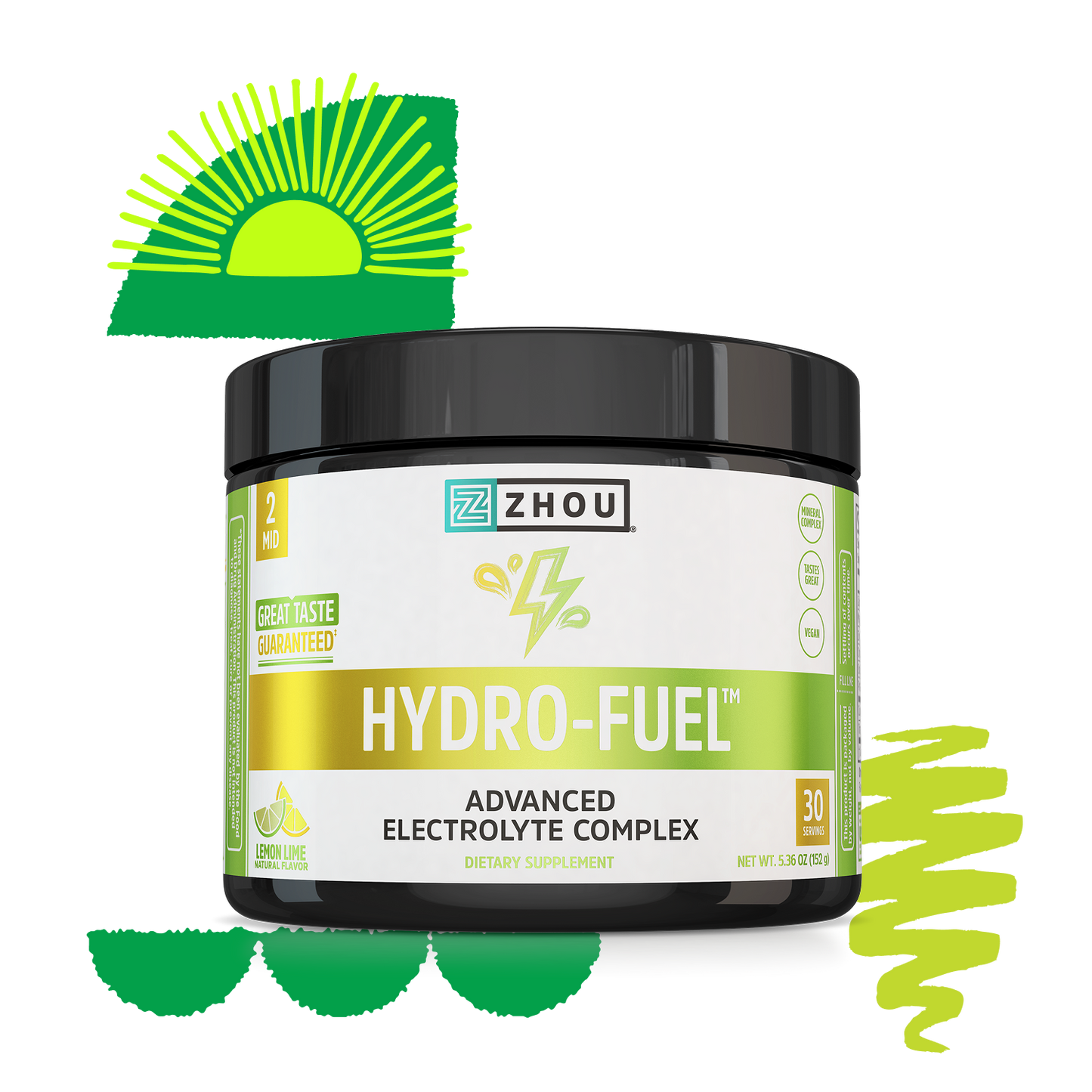 Zhou Nutrition Hydro-Fuel in lemon lime flavor with coconut water powder for electrolytes, shown on green graphics.