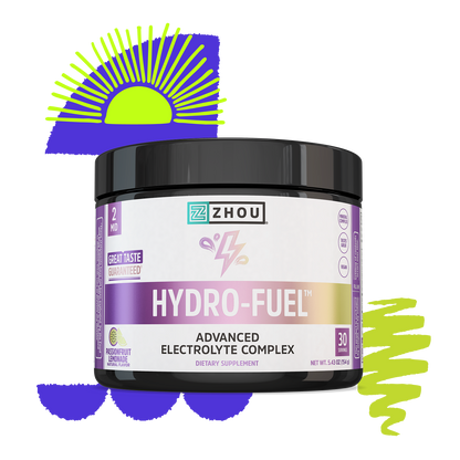 Zhou Nutrition Hydro-Fuel electrolyte complex with coconut water powder, abstract purple-green sun and brush art.