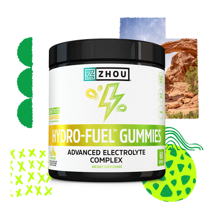 A tub of Zhou Nutrition Hydro-Fuel Gummies is shown against a colorful, abstract, nature-inspired background.