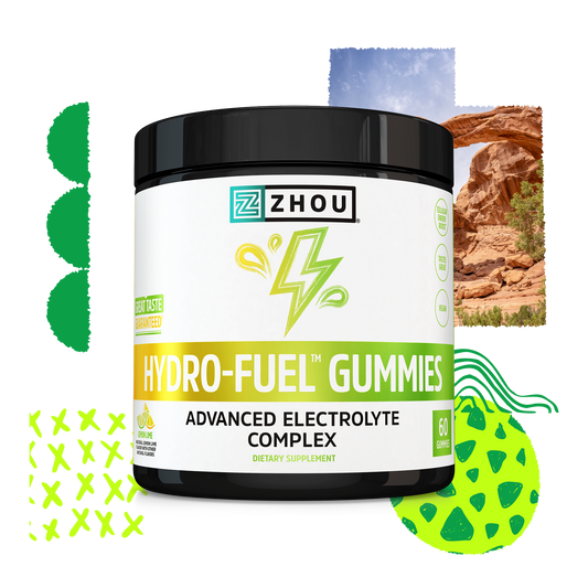 A tub of Zhou Nutrition Hydro-Fuel Gummies is shown against a colorful, abstract, nature-inspired background.
