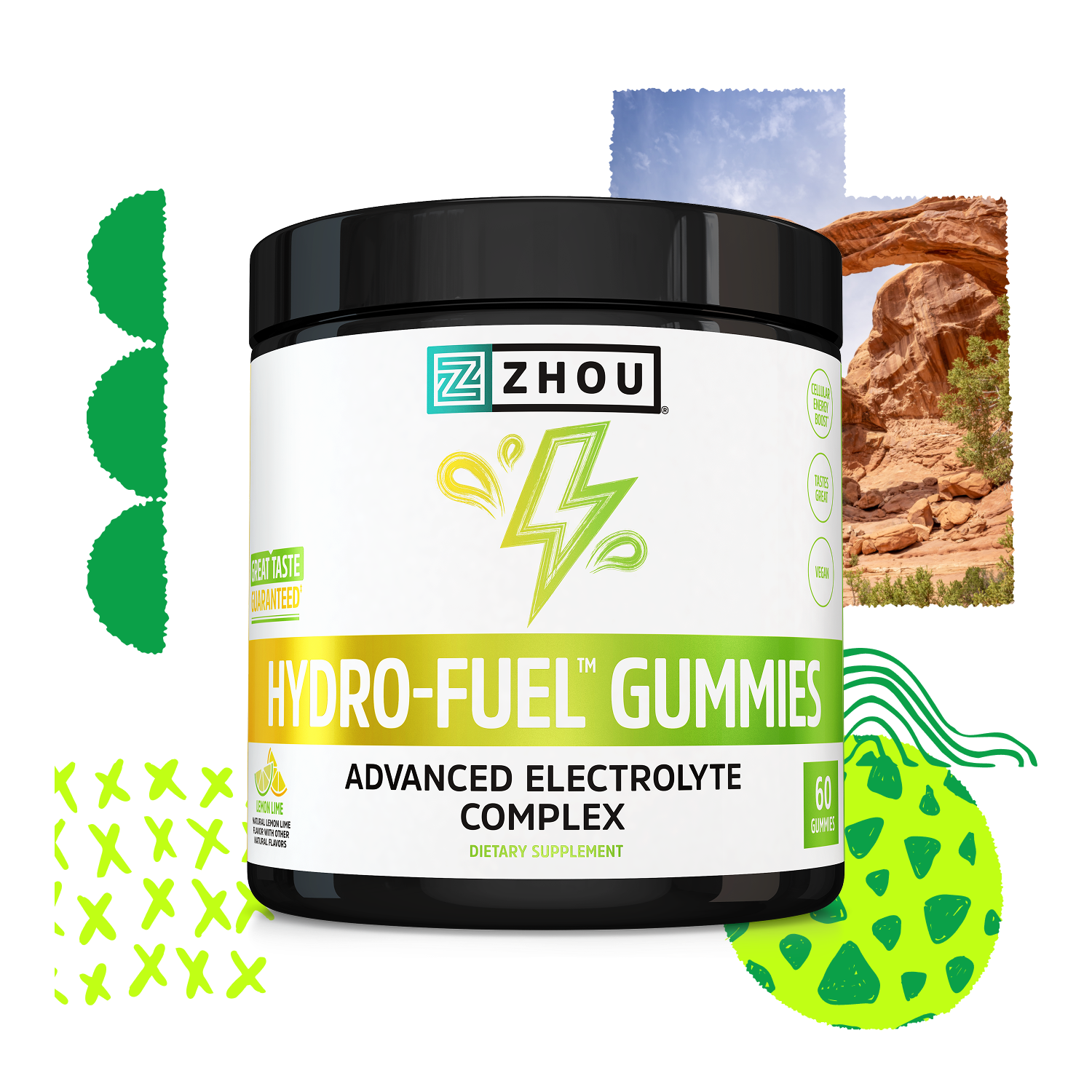 A tub of Zhou Nutrition Hydro-Fuel Gummies is shown against a colorful, abstract, nature-inspired background.