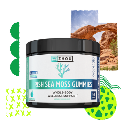A jar of Zhou Nutrition Irish Sea Moss Gummies, a tasty supplement for whole-body wellness with abstract green designs.