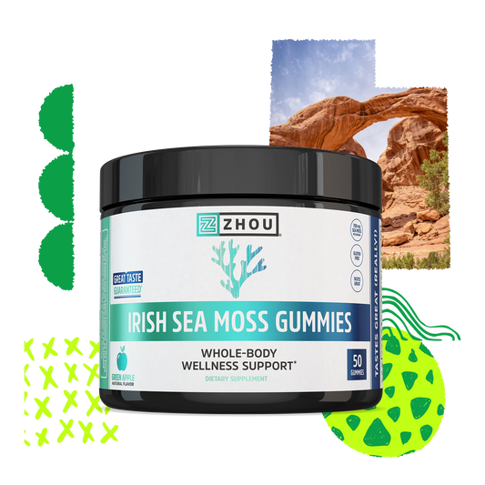 A jar of Zhou Nutrition Irish Sea Moss Gummies, a tasty supplement for whole-body wellness with abstract green designs.