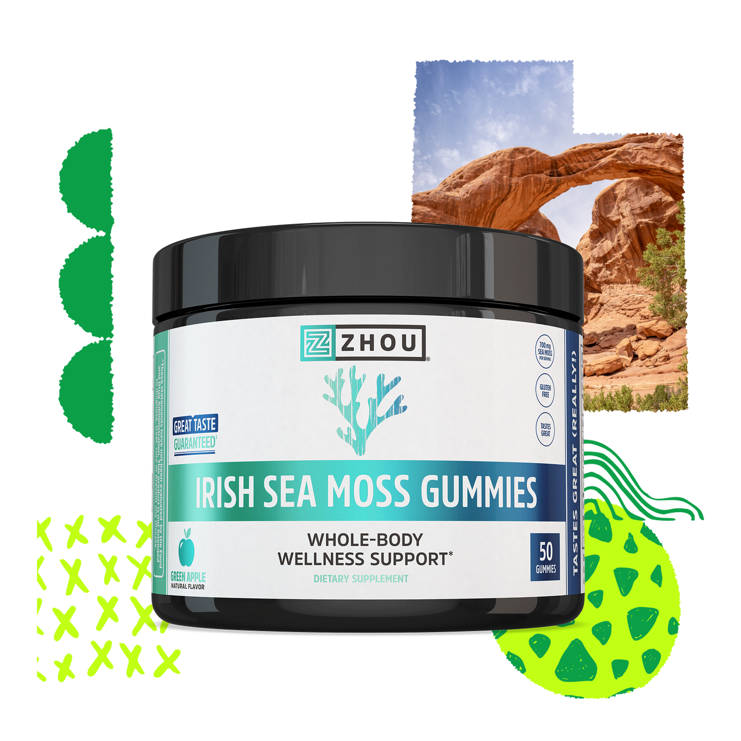 A jar of Zhou Nutrition Irish Sea Moss Gummies, a tasty supplement for whole-body wellness with abstract green designs.