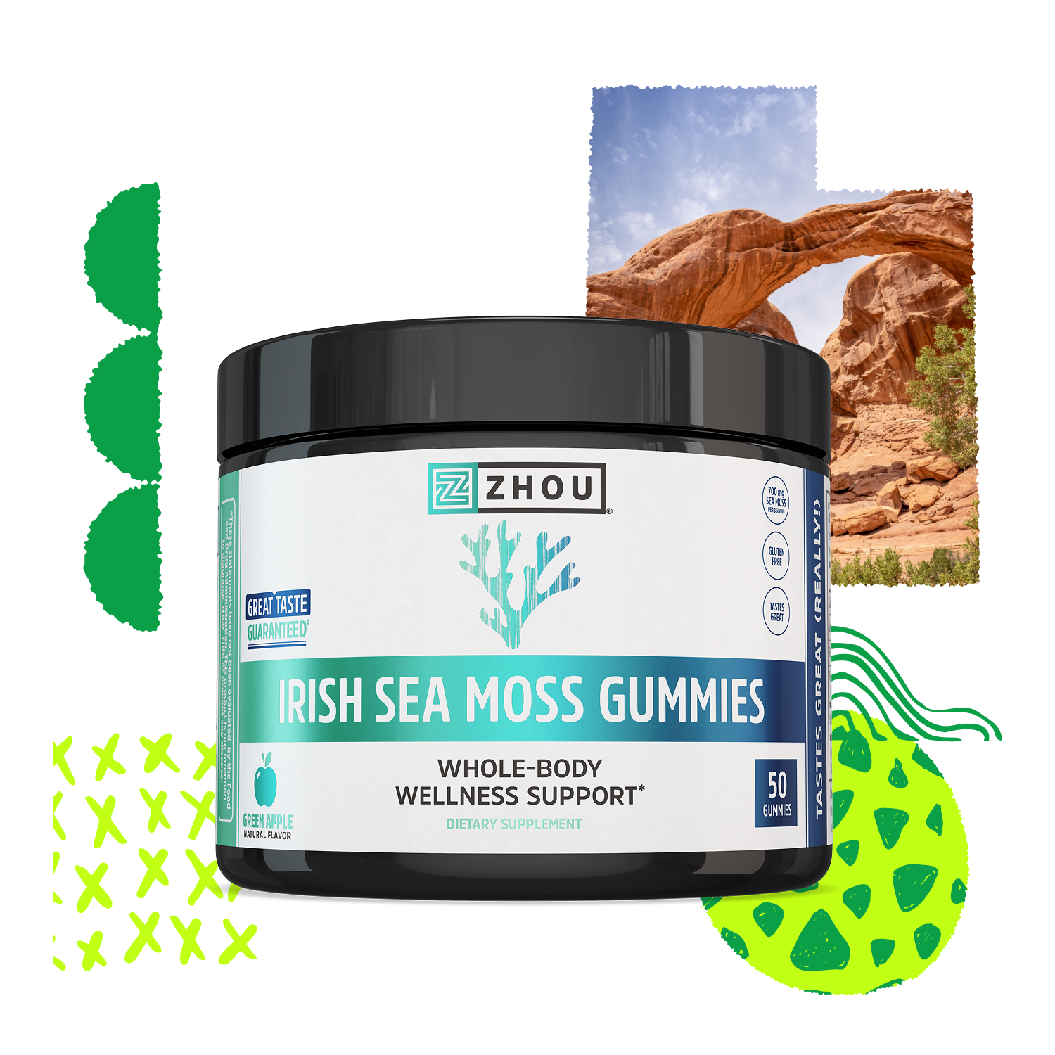 A jar of Zhou Nutrition Irish Sea Moss Gummies, a tasty supplement for whole-body wellness with abstract green designs.