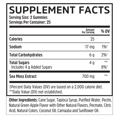 Zhou Nutrition Irish Sea Moss Gummies: Supplement Facts, serving size, nutrients, extract, and wellness ingredients.