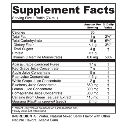 Supplement Facts label for Lite Up GO 6-Pack by Zhou Nutrition, a 74 mL acai energy shot fruit and berry supplement.