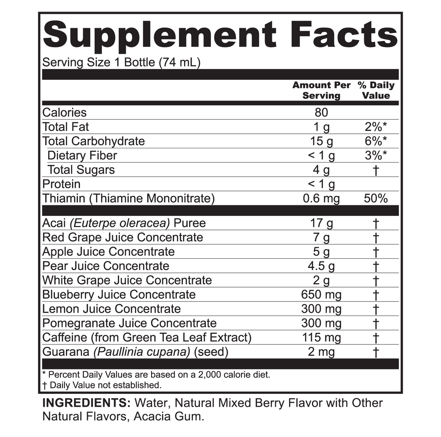 Supplement Facts label for Lite Up GO 6-Pack by Zhou Nutrition, a 74 mL acai energy shot fruit and berry supplement.