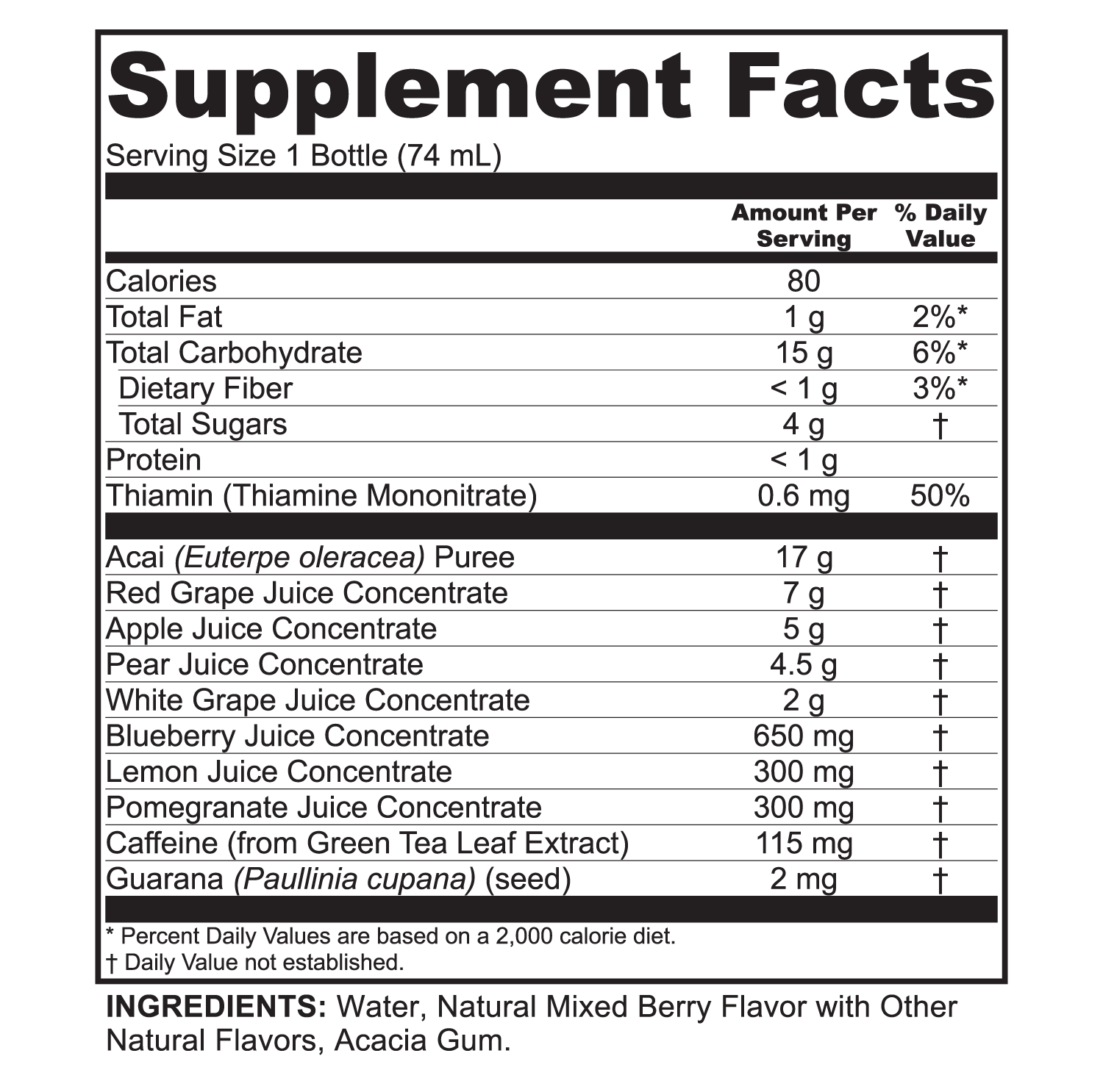 Supplement Facts label for Lite Up GO 6-Pack by Zhou Nutrition, a 74 mL acai energy shot fruit and berry supplement.