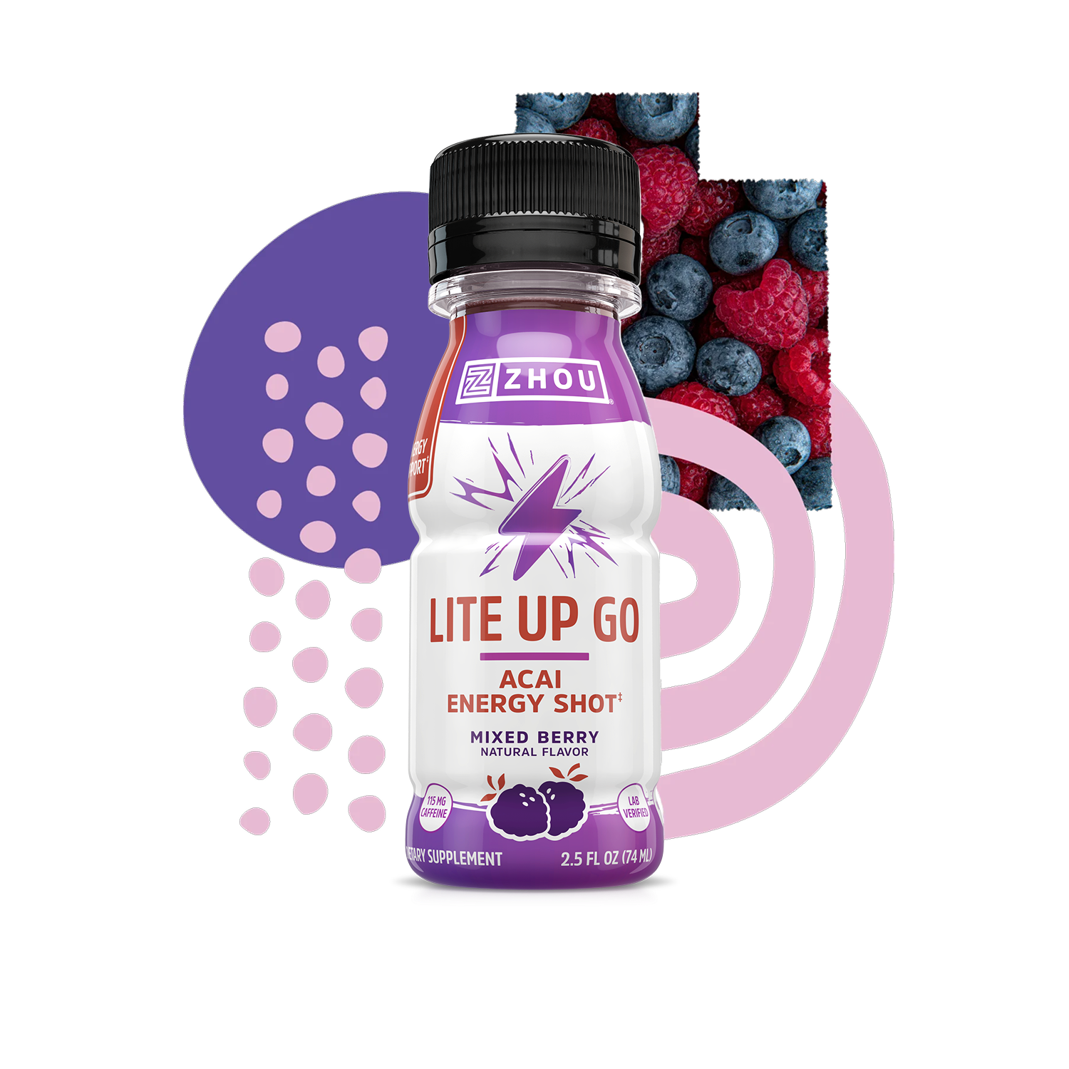 A pack of Zhou Nutrition Lite Up GO 6-Pack caffeine energy shots with berries and abstract shapes in the background.