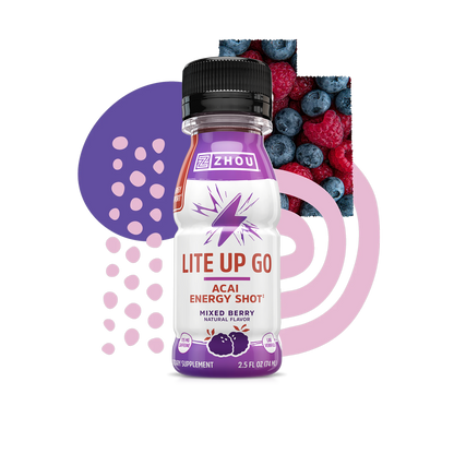 A pack of Zhou Nutrition Lite Up GO 6-Pack caffeine energy shots with berries and abstract shapes in the background.