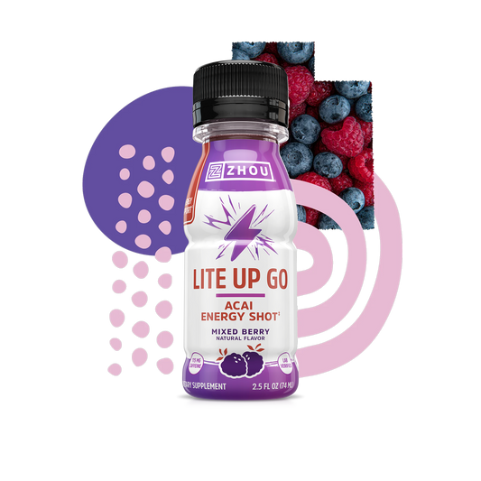 A pack of Zhou Nutrition Lite Up GO 6-Pack caffeine energy shots with berries and abstract shapes in the background.