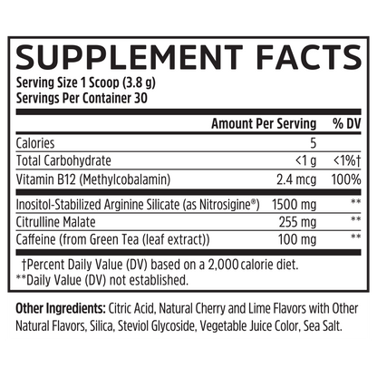 Lite Up XTRA by Zhou Nutrition: pre-workout with clean caffeine, Vitamin B12, Citrulline Malate; info per scoop.