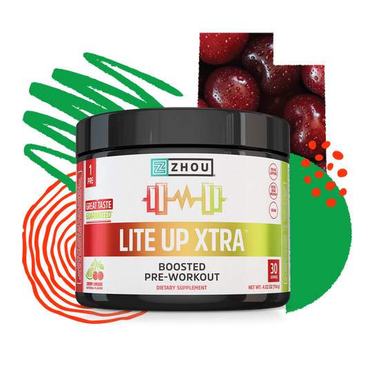 A jar of Zhou Nutrition Lite Up XTRA pre-workout with cherry flavor and vibrant graphics, offering clean caffeine.