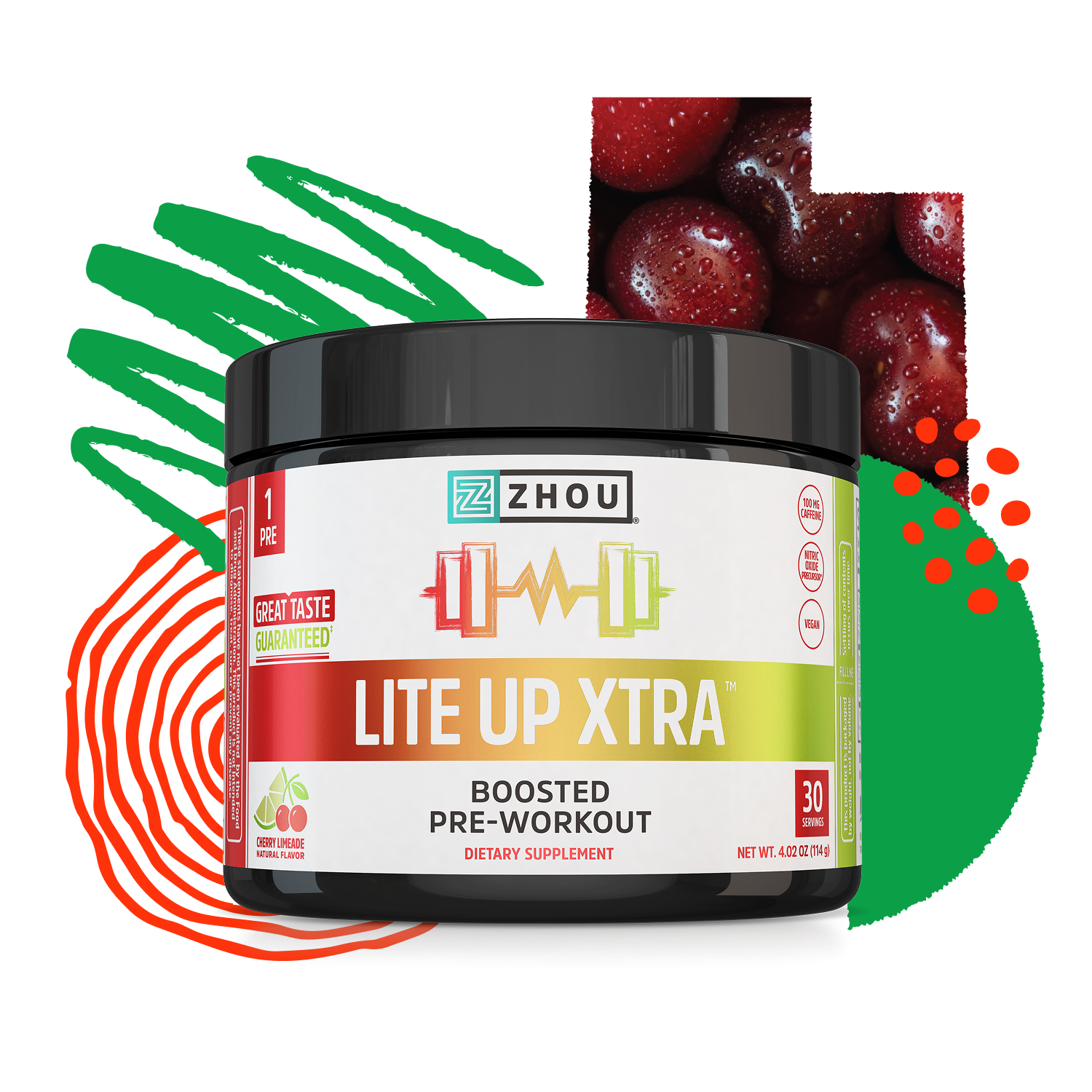 A jar of Zhou Nutrition Lite Up XTRA pre-workout with cherry flavor and vibrant graphics, offering clean caffeine.