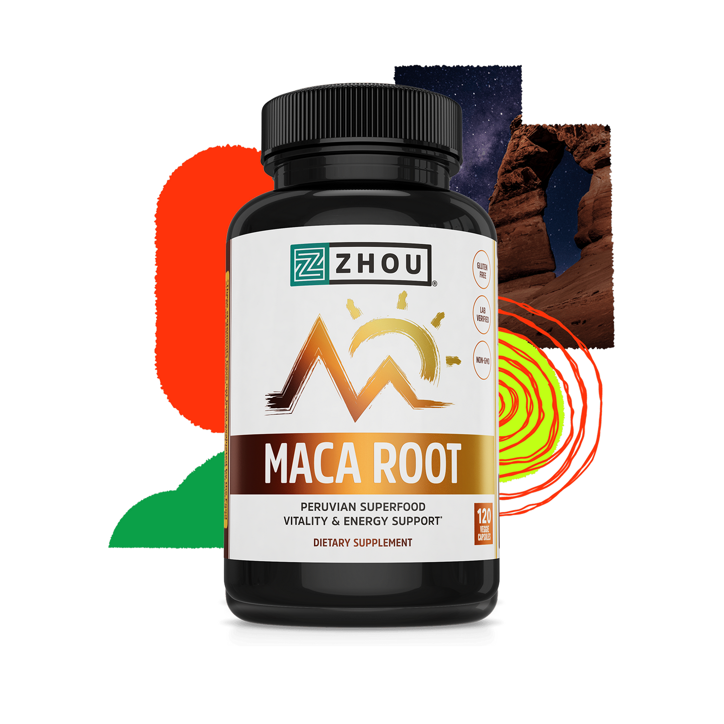A bottle of Zhou Nutrition Maca Root supplement with colorful abstract shapes in the background.
