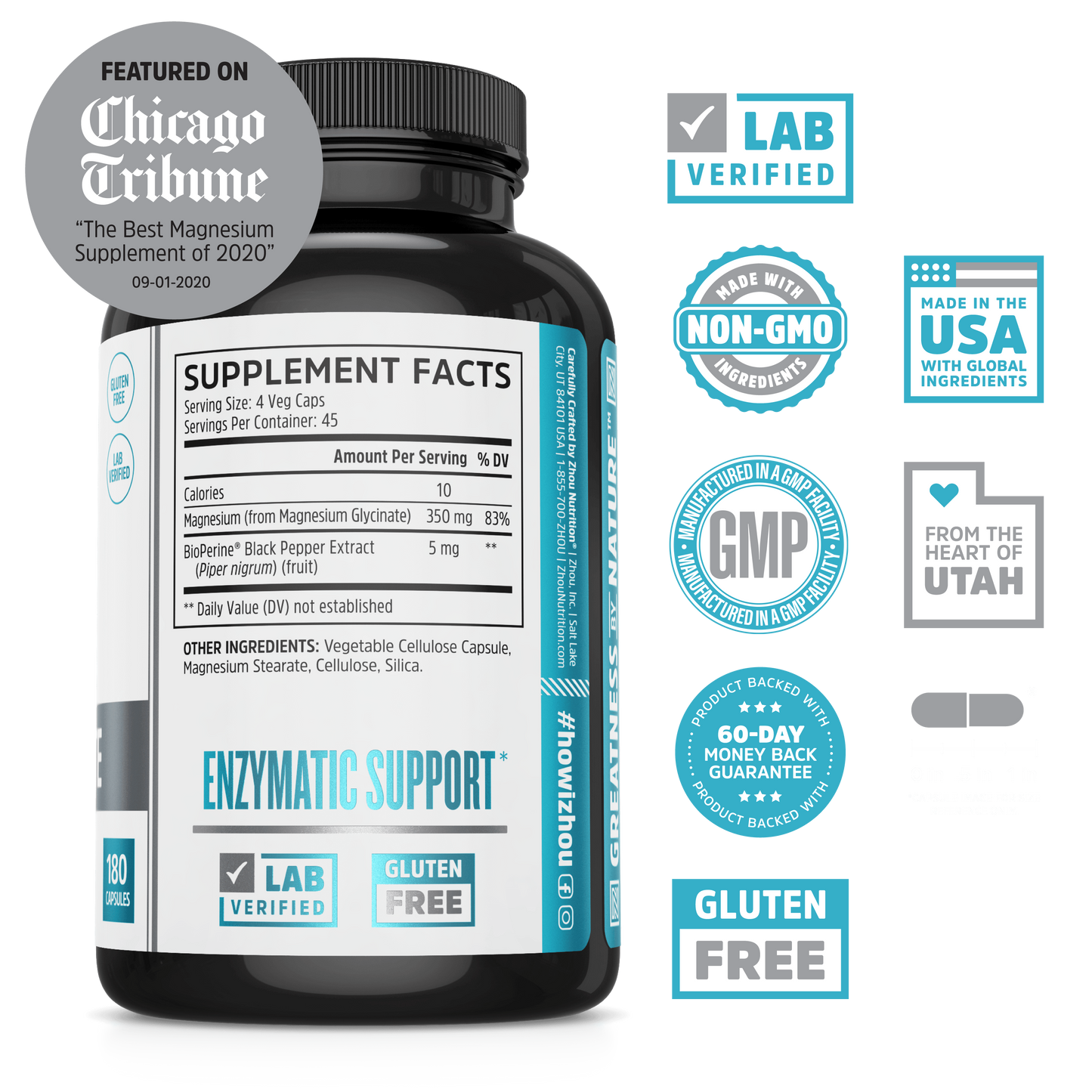 Zhou Nutrition Magnesium Glycinate supports muscle relief and digestion in a black supplement bottle.