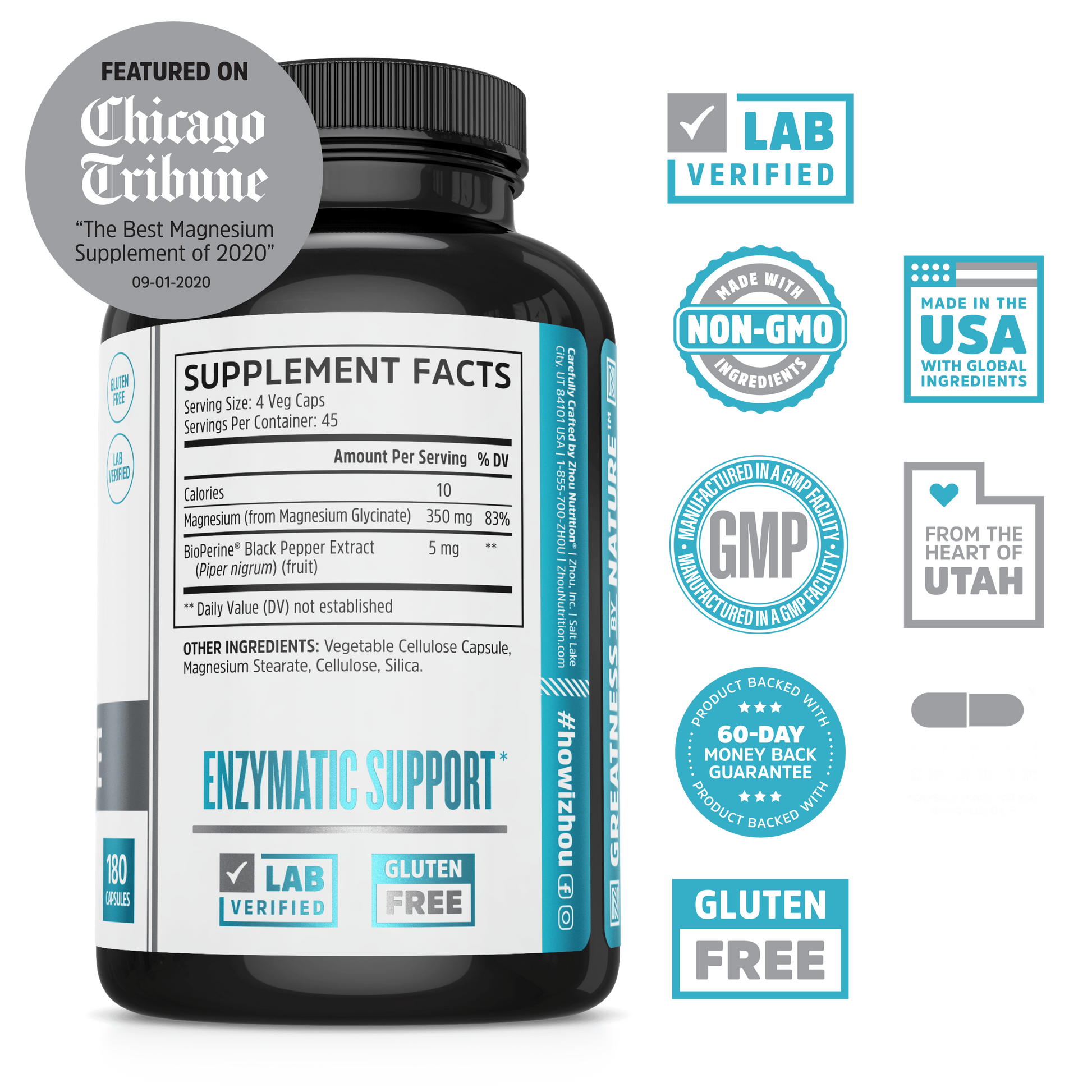 Zhou Nutrition Magnesium Glycinate supports muscle relief and digestion in a black supplement bottle.