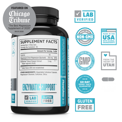 Zhou Nutrition Magnesium Glycinate supports muscle relief and digestion in a black supplement bottle.