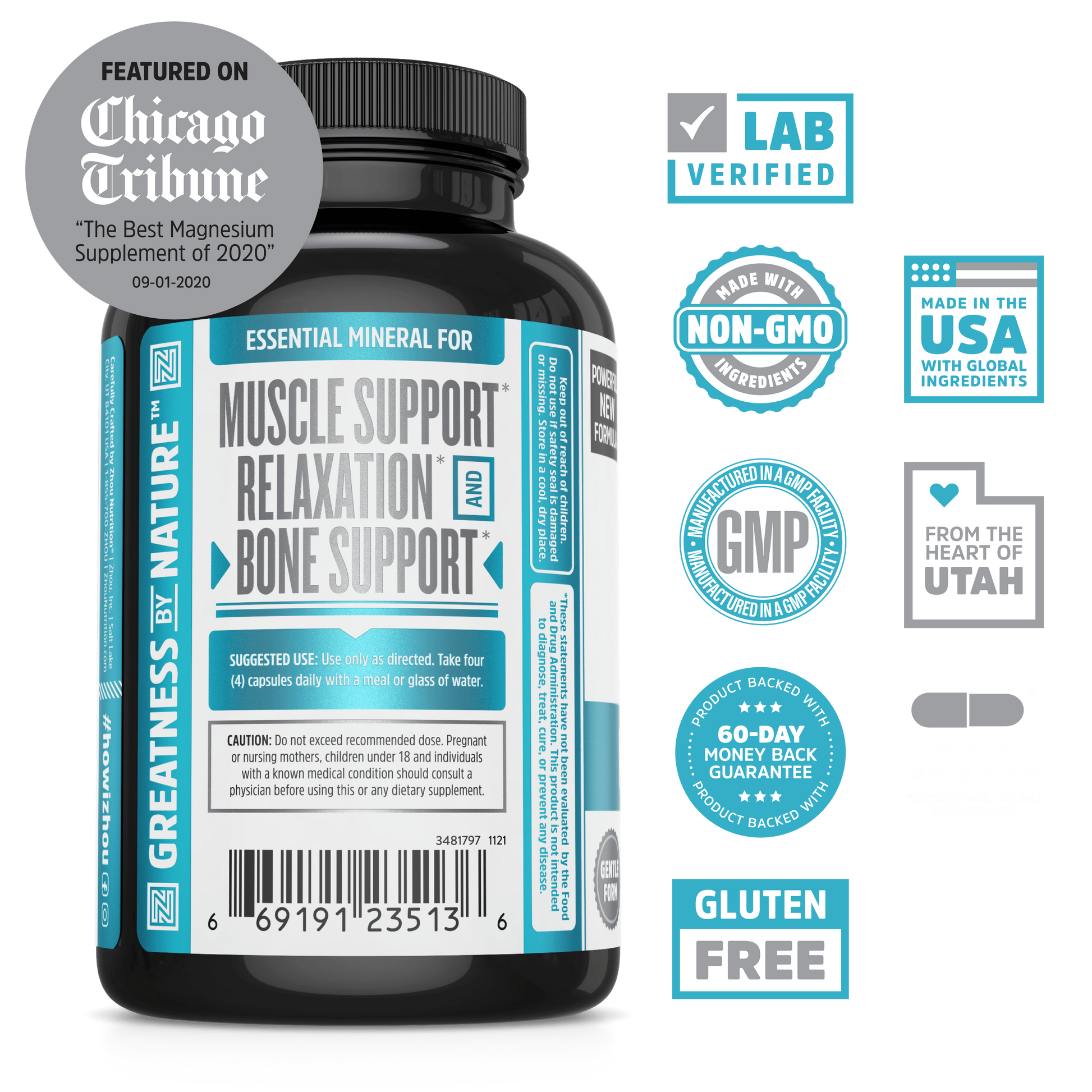 Zhou Nutrition Magnesium Glycinate bottle with blue label for muscle relief, relaxation, and bone support, certified.