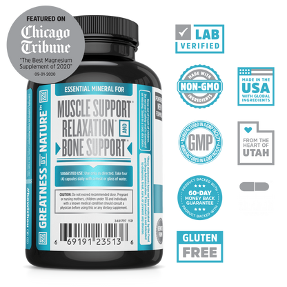Zhou Nutrition Magnesium Glycinate bottle with blue label for muscle relief, relaxation, and bone support, certified.