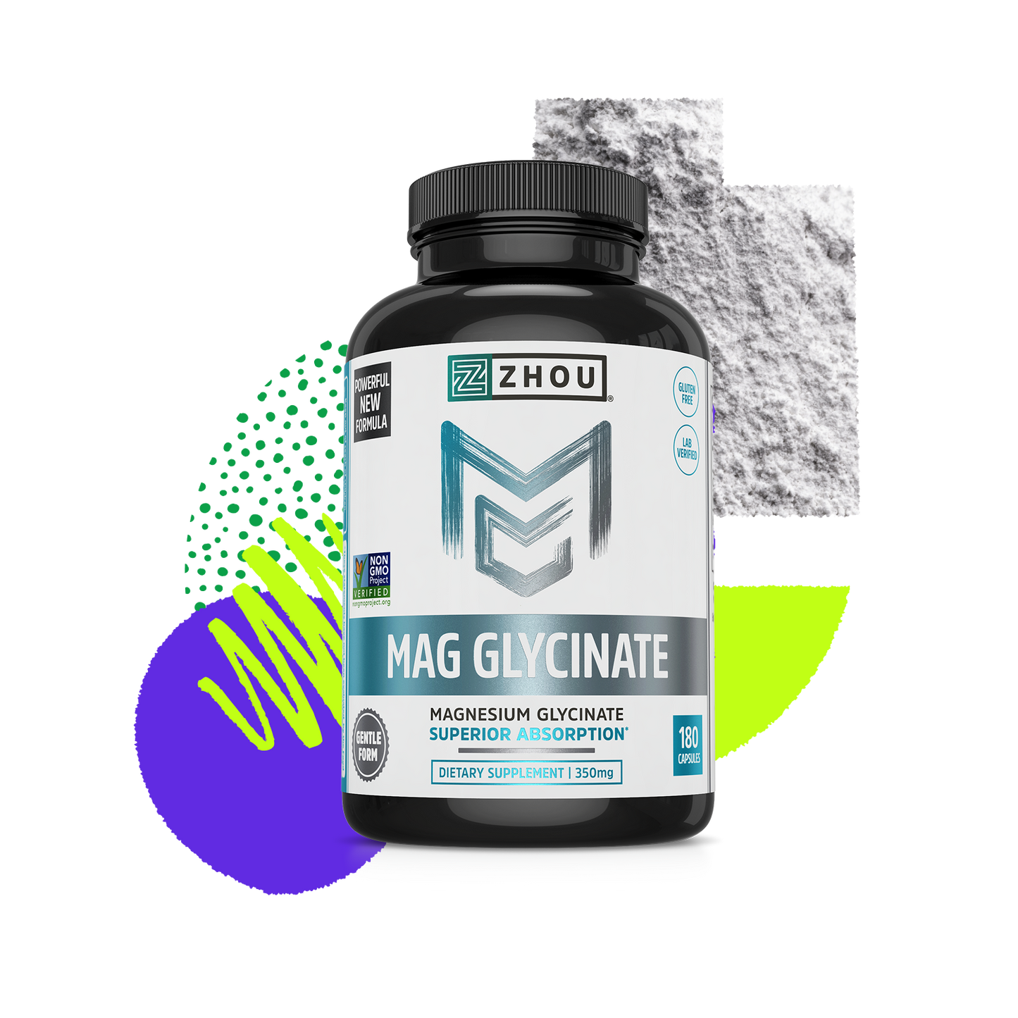 A bottle of Zhou Nutrition Magnesium Glycinate is shown with abstract shapes and powder in the background.