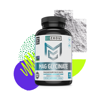 A bottle of Zhou Nutrition Magnesium Glycinate is shown with abstract shapes and powder in the background.