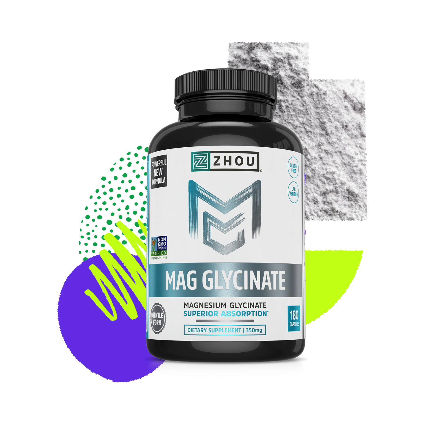 A bottle of Zhou Nutrition Magnesium Glycinate is shown with abstract shapes and powder in the background.