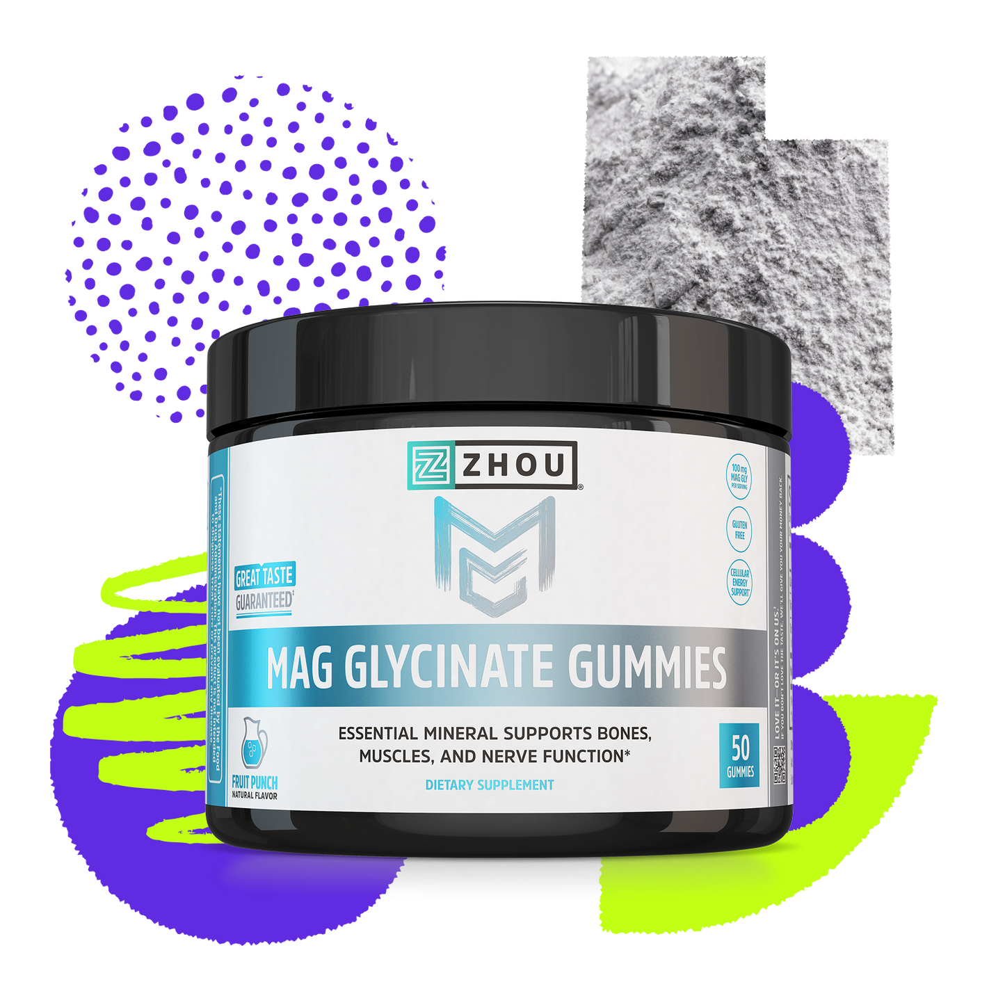 A jar of Zhou Nutrition Mag Glycinate Gummies with colorful shapes supports nerve function and cellular energy.